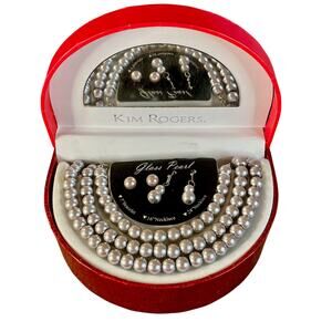 0022 NWT Y2K Kim Rogers Glass Pearl Jewelry Set in Silvery Gray w/Gift Box